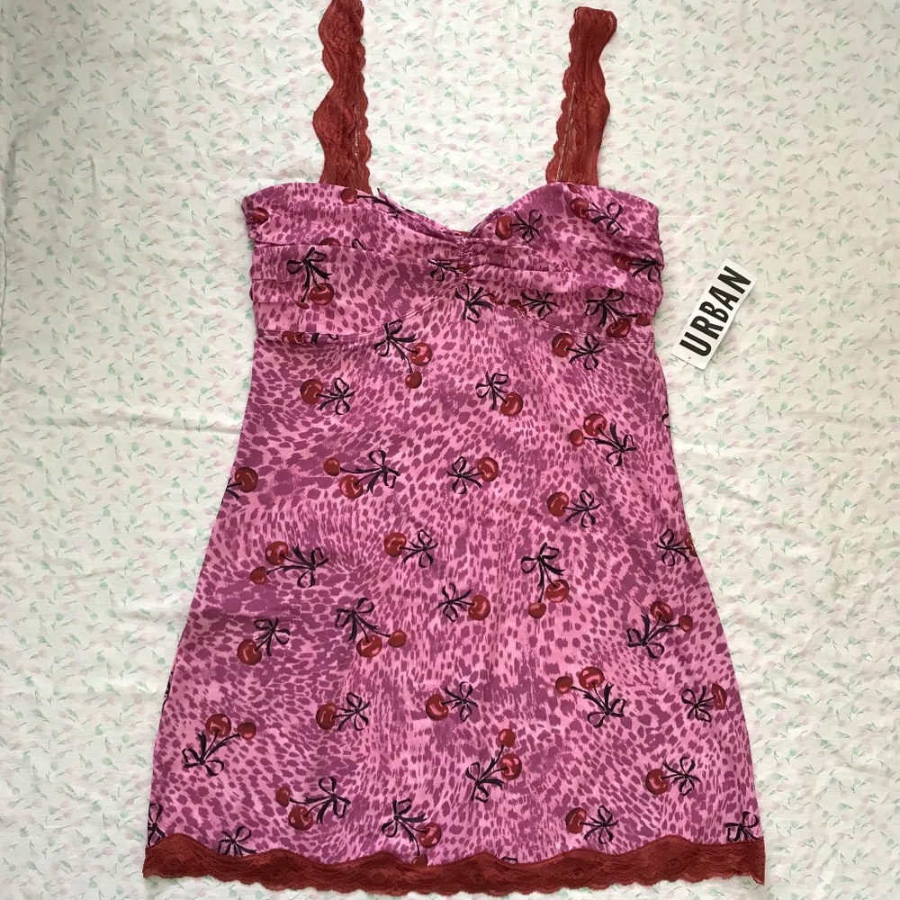 NWT Out From Under Mon Amor Lace Strap Mesh Slip Dress L Blush Pink Red Cherry